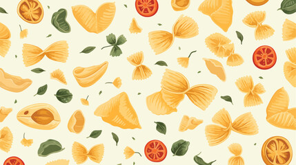 Seamless pattern with various types of raw pasta on