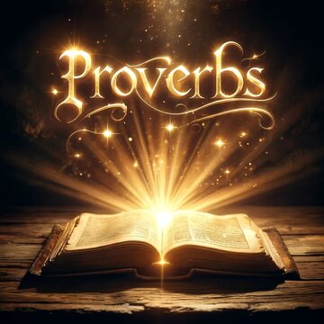 An old spell book on a wooden table, illuminated by a magical golden glow emanating from pages. The word "Proverbs" floats in the air in glowing golden letters, radiating light, magical energy. G.AI