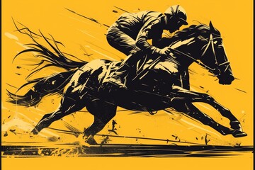 Beautiful yellow and black vector design with silhouette of horse racing, riding jockey, yellow background