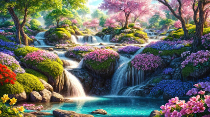 Obraz premium A beautiful paradise land full of flowers, rivers and waterfalls, a blooming and magical idyllic Eden garden.