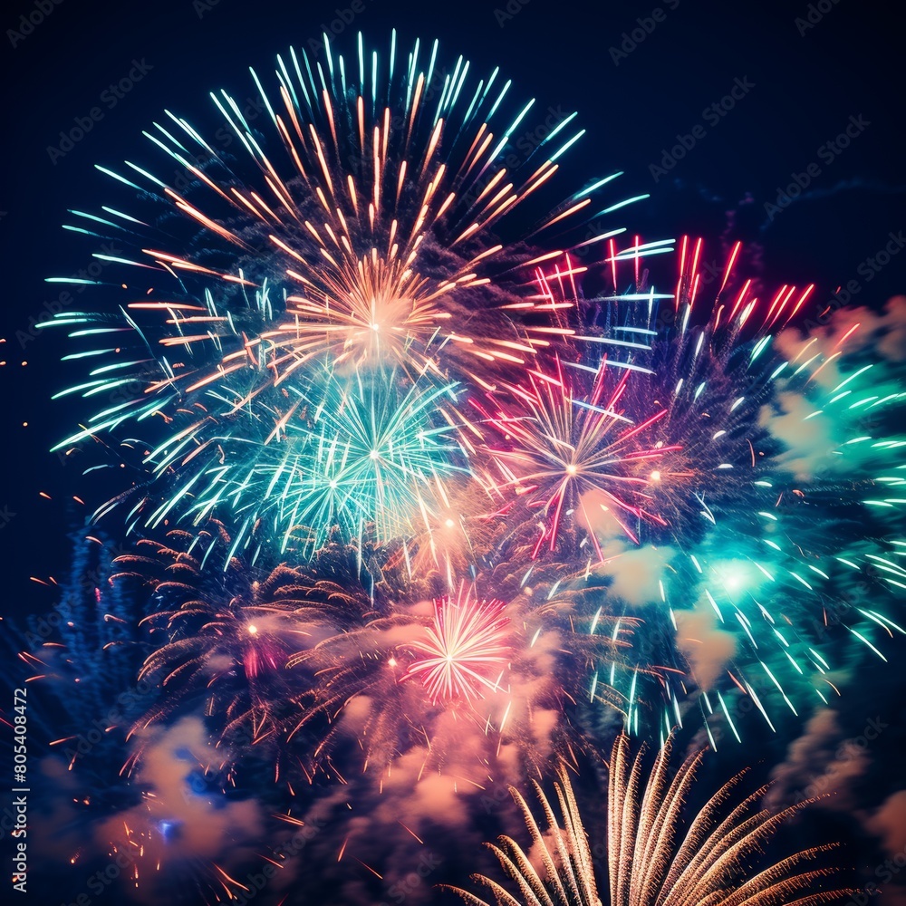 Poster A close-up view of a fireworks display, showcasing the intricate details of the exploding bursts of light and color,