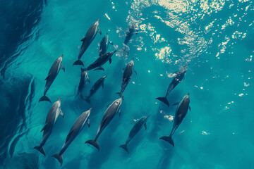 Pod of dolphins gliding through ocean depths