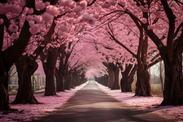 A beautiful road lined with beautiful cherry trees on both sides in sunshine