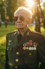 An elderly US Army veteran in uniform, standing at attention during the national anthem.