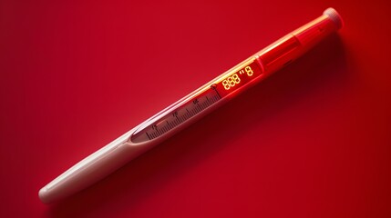 A Digital Thermometer's Detailed Close-Up on a Vivid Red Background