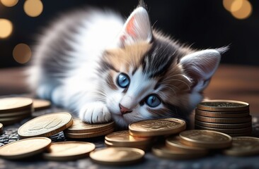 The kitten is lying on a metal coins - obrazy, fototapety, plakaty