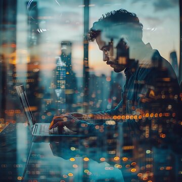 a businessman working on a laptop computer at office with transparency letting see a modern city landscape with buildings and skyscrapers