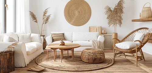A minimalist bamboo hoop jhoomer with woven accents in a bohemian-inspired living room