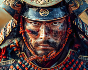 Obraz premium Close-up portrait of a samurai warrior with intense eyes and intricate armor embellished with prophecies