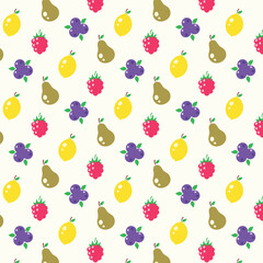 seamless pattern with fruits, raspberry, lemon, blueberry and pear. vector summer pattern.