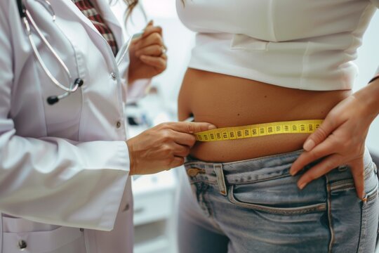 Measuring waist of overweight woman, female doctor with measuring tape in clinic measures waist
