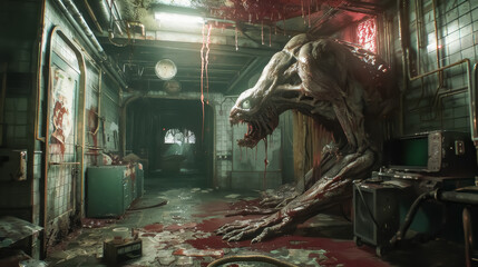 Survival horror scene depicted in extreme detail, immersing the viewer into a terrifying world