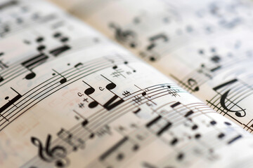Showcase a close-up of vintage sheet music with intricate musical notes in black against a clean white background.