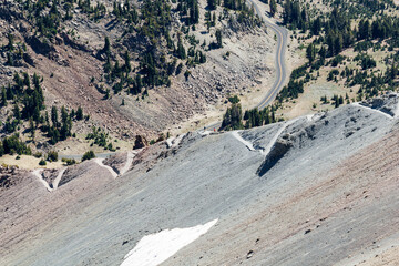 the winding path of the famous lassen peak trail from above in the lassen volcanic national park, california