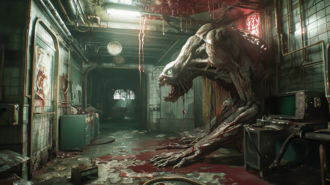 Survival horror scene depicted in extreme detail, immersing the viewer into a terrifying world