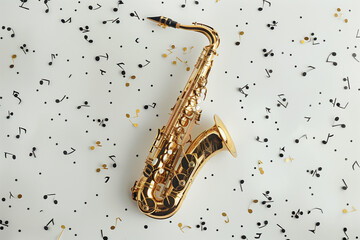 Arrange saxophone or trumpet with scattered black notes on a white background, reflecting the improvisational spirit of jazz music.