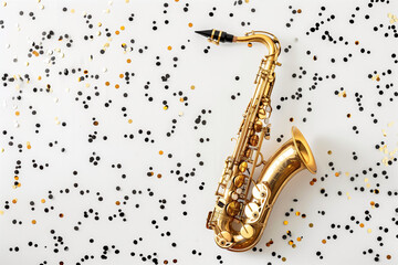 Arrange saxophone or trumpet with scattered black notes on a white background, reflecting the...