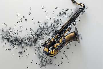 Arrange saxophone or trumpet with scattered black notes on a white background, reflecting the...