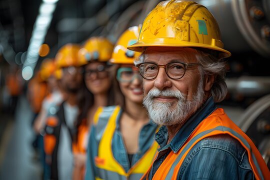 Diverse Team of Engineers in Industrial Setting Wearing Safety Gear
