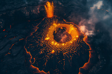 Aerial view of a raging lava eruption at twilight