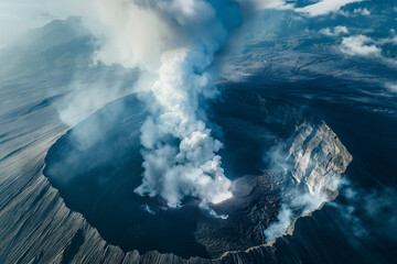Majestic aerial view of active volcano eruption