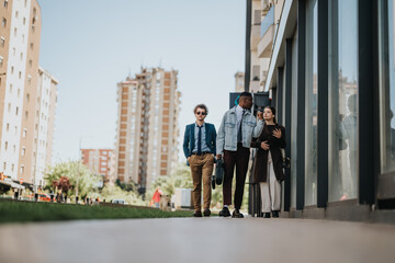 Three young professionals discuss and walk together in a lively urban environment after a business meeting. They exude a sense of teamwork and collaboration.