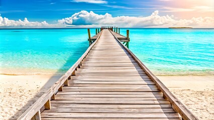 Fototapeta premium A Beautiful Wooden Pier Extending Into the Ocean on a Vibrant Sunny Day