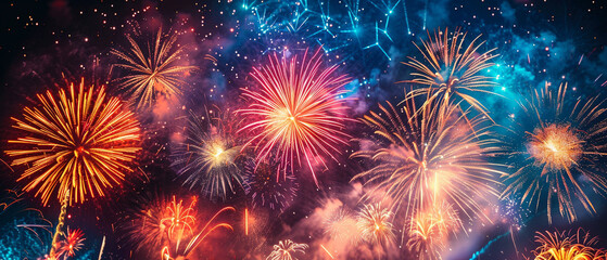 A mesmerizing display of fireworks illuminating the night sky in various hues of red, orange, and yellow