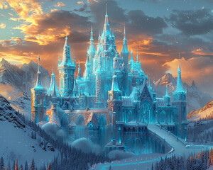 A majestic ice castle with intricate crystalline patterns adorning its walls and towering spires