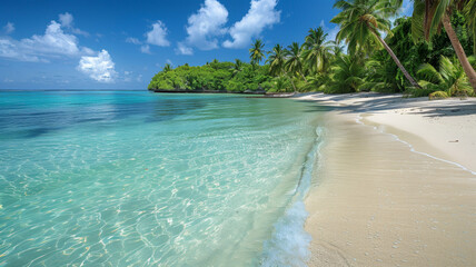 A beautiful beach with a clear blue ocean and palm trees in the background
