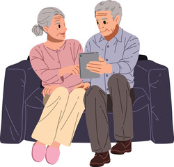 Senior couple playing on digital tablet for browsing the internet or shopping illustration