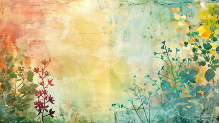 Grunge style beautiful, colorful, abstract art. Paper texture. Colorful painting. Watercolor background with flowers and plants.