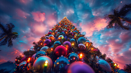 A towering pine tree adorned with colorful ornaments and twinkling lights