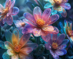 Imagine a garden of frozen rainbow flowers where each bloom appears to be made of sparkling ice and radiates a kaleidoscope of colors in the cold winter air