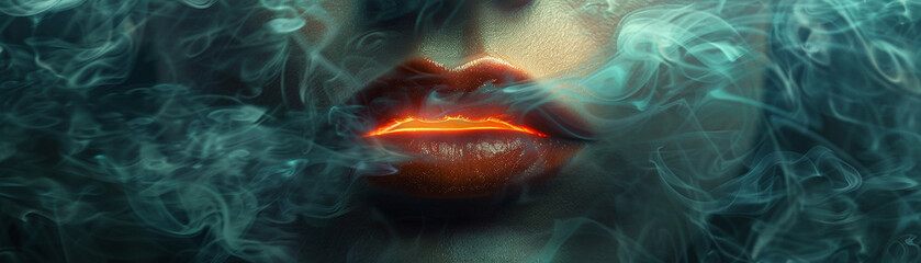 Lips of a woman shrouded in ethereal smoke and mystery