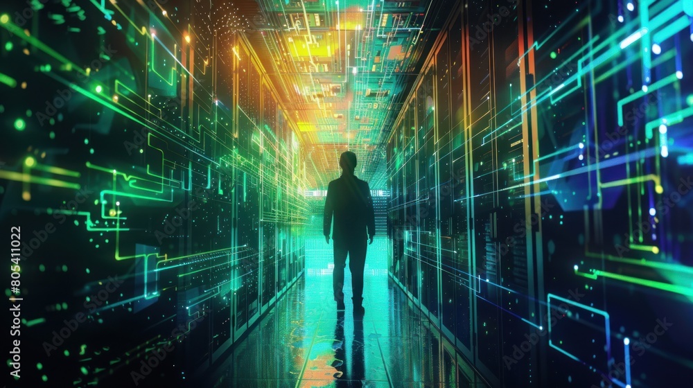 Poster man standing in server room of large data center. computer engineering and big data concept
