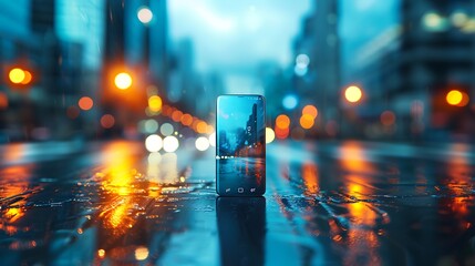 A minimalist mobile phone similar to the Samsung S24 Ultra, against a blurred urban landscape...