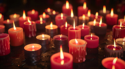 An array of candles, each with a flame at varying stages of life, against a dark backdrop. The collective glow creates a tranquil and reflective atmosphere, symbolizing light, memory,