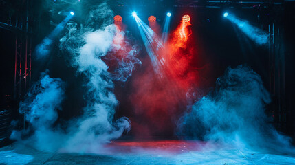 Soft powder blue smoke curling across a stage under a bright red spotlight, providing a serene, dreamy appearance.