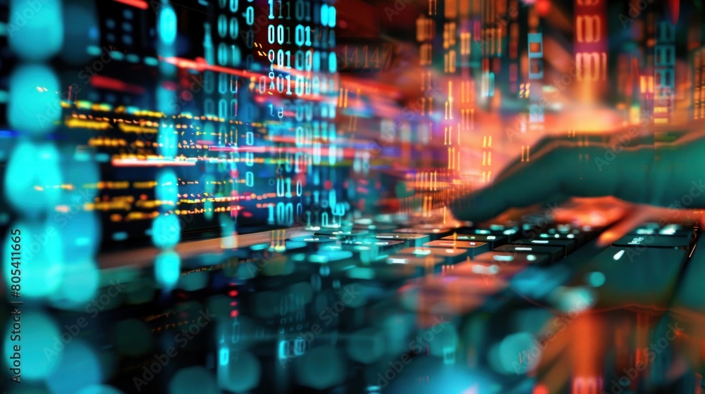 Poster hands typing on computer keyboard, with abstract code, online cyber attack, hack, threats and breach