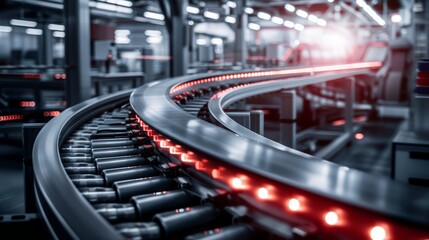 Conveyor belts in motion, transporting products through multiple stages of the manufacturing process, showcasing efficiency, close-up