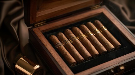 An open wooden box with luxury cigars without logos or brand. on black velvet, next to an expensive gold inlaid lighter - obrazy, fototapety, plakaty