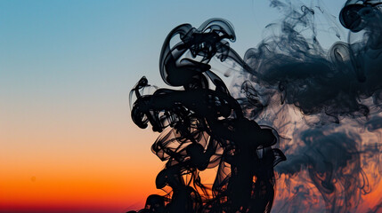 An abstract composition of black smoke against a sunset-colored background, creating a silhouette effect that is both mysterious and dramatic.