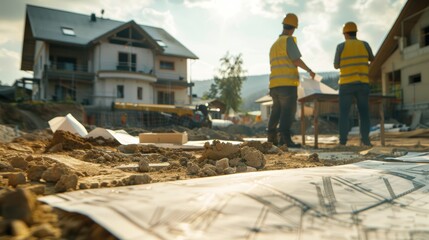 Construction site with architects examining engineering blueprints, highlighting concept architecture in an outdoor setting, close-up