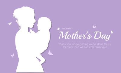 Happy Mother's Day Banner and Greeting Card. Modern and Minimal Mother's Day Background with Text and Mother Holding Baby Vector Illustration