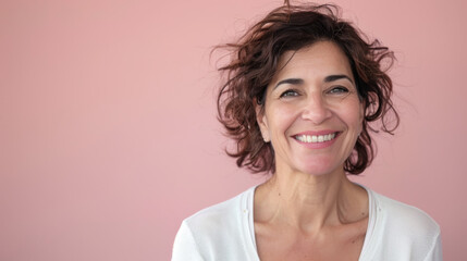 A woman with a smile on her face is standing in front of a pink wall - Powered by Adobe