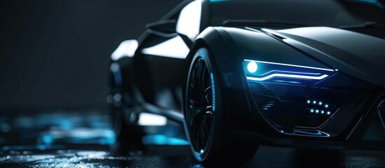 Luxury black sports car with running lights on black background.