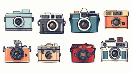 Set of different photo cameras. Hand drawn colorful