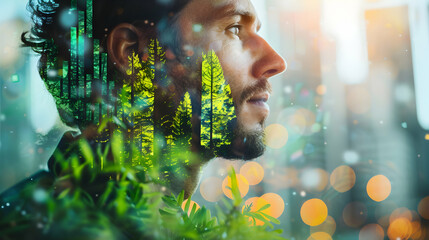 Cute Business Man Double Exposure with Eco Investment Cheers: Celebrating Smart Eco Investments in Logistics with Upward Green Trends