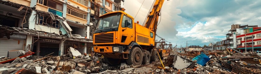 Cranes and forklifts in operation after a severe weather event